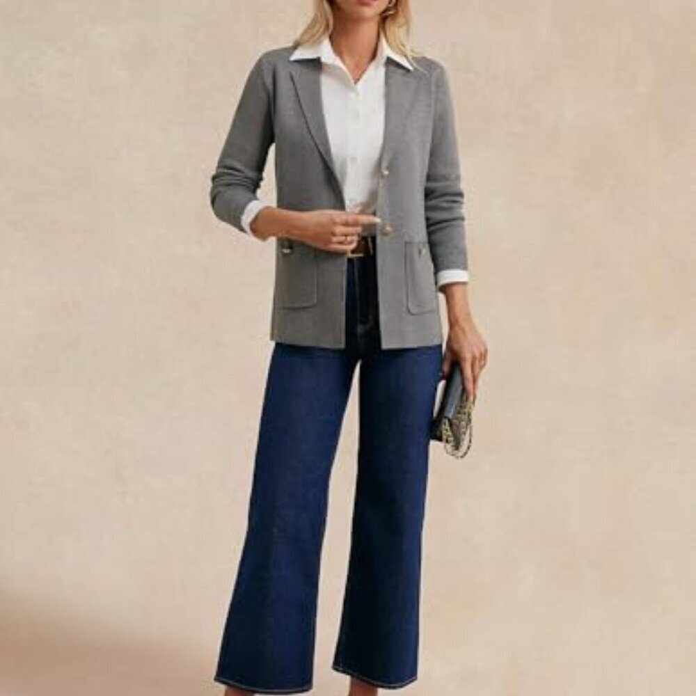 Soft Knit Blazer Cardigan Open Front Pockets Work Casual Fall Essential - Picture 4 of 8